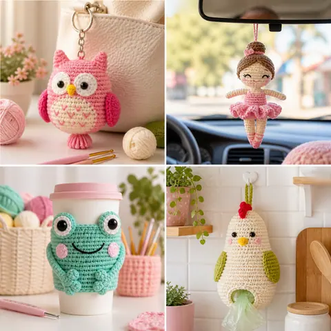 Exemplos de amigurumis funcionais e interativos: chaveiro, enfeite para carro, porta-copos e puxa-saco